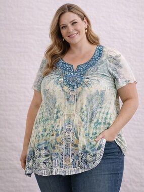 Women’s spring Boho Tunic Top 3XL Paisley Embroidered Neck Flowy Blouse